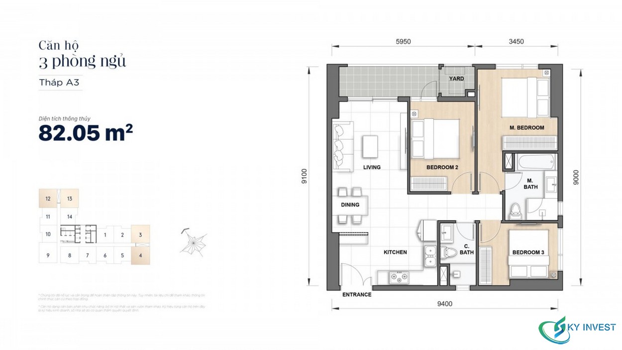 Mặt bằng căn hộ 3 Phòng ngủ 82m2 dự án The Grand Manhattan Quận 1