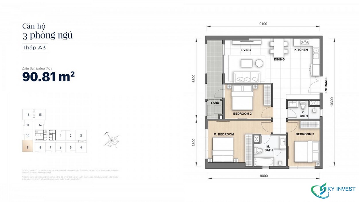 Mặt bằng căn hộ 3 Phòng ngủ 90m2 dự án The Grand Manhattan Quận 1
