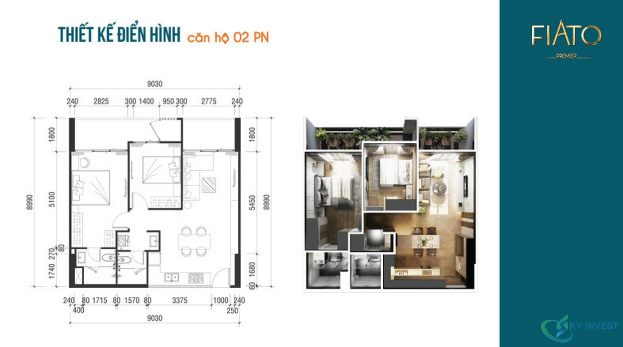 Thiết kế chi tiết căn hộ 2 PN dự án Fiato Premier