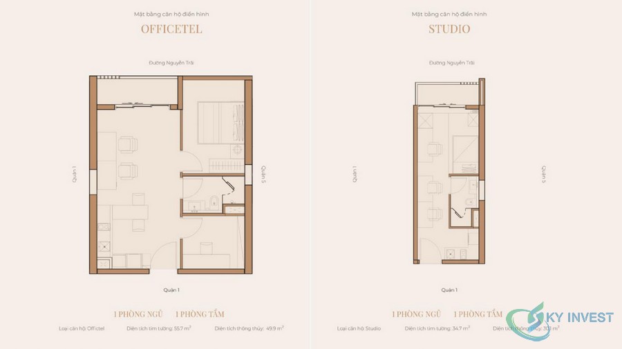 Mặt bằng căn hộ Officetel (55.7m2) và Studio (34.7m2) 1 phòng ngủ + 1 phòng tắm Lancaster Legacy